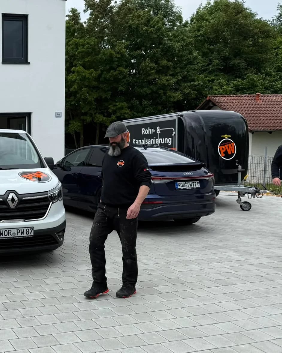Mitarbeiter der PW Rohrreinigungs GmbH zwischen den Einsatzfahrzeugen und dem Anhänger