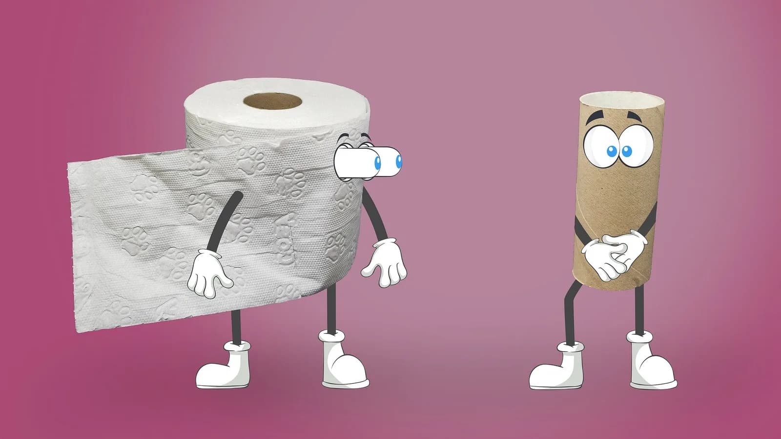 Gezeichnete Figuren aus Toilettenpapier und einer leeren Papprolle vor rosa Hintergrund